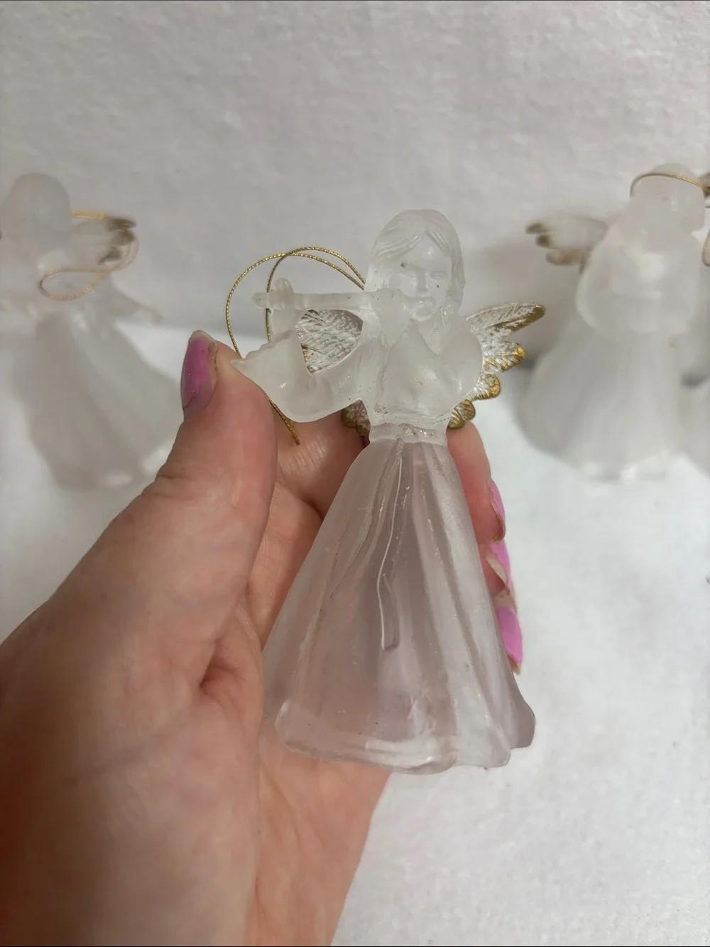Frosted Acrylic Angel Figurines Set - White with Gold Accents Vintage